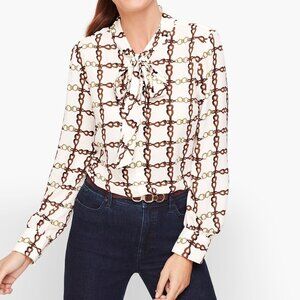 TALBOTS Crepe Tie Neck Chainlink Print Polyester Shirt Medium